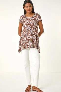 Roman Brown Animal Print Hanky Hem Stretch Top