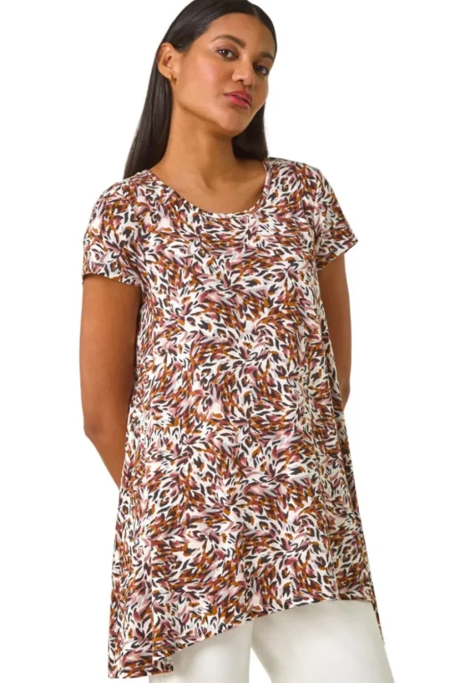 Roman Brown Animal Print Hanky Hem Stretch Top