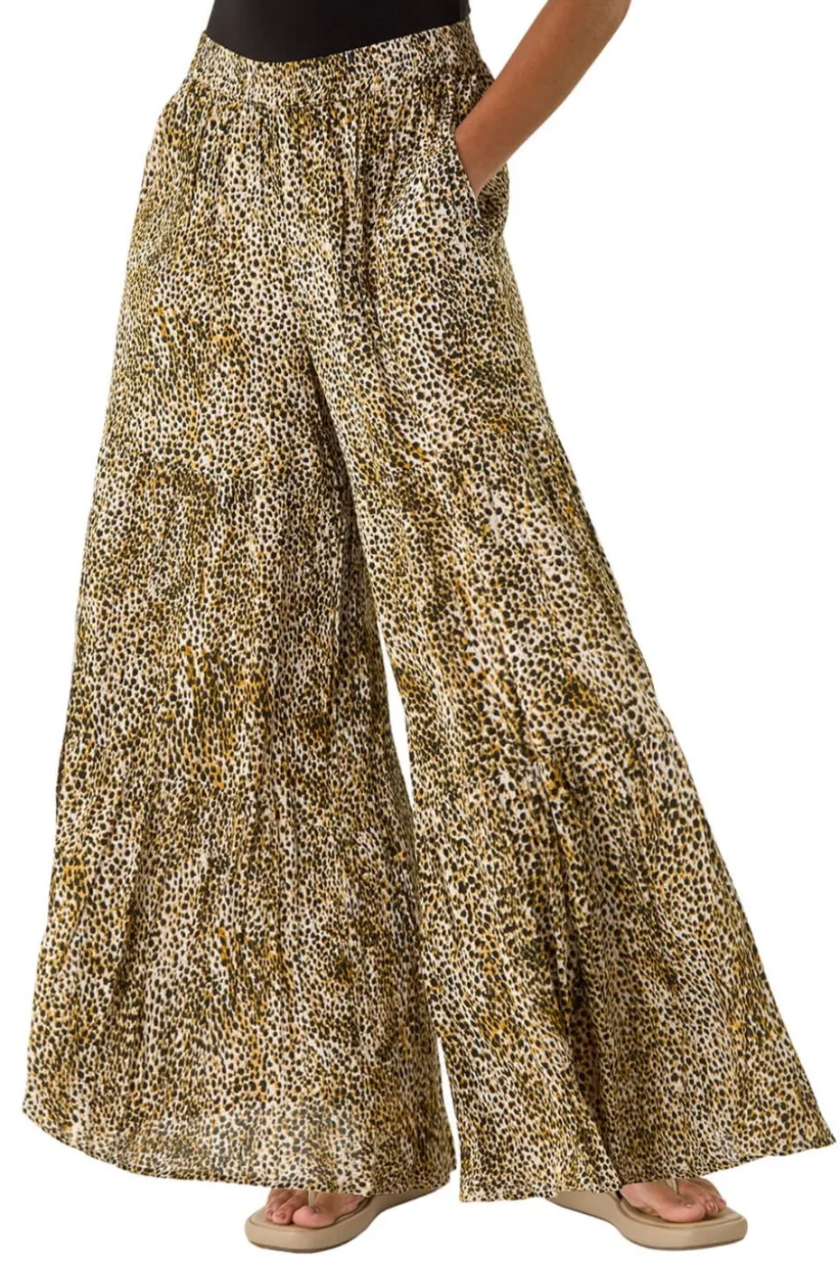 Roman Brown Animal Print Tiered Palazzo Trouser