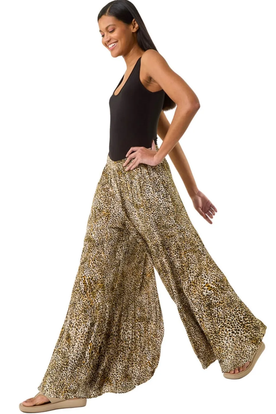 Roman Brown Animal Print Tiered Palazzo Trouser