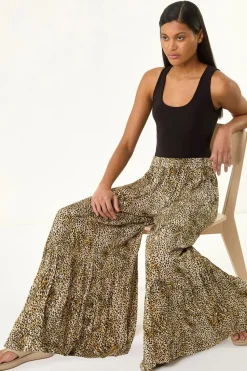 Roman Brown Animal Print Tiered Palazzo Trouser