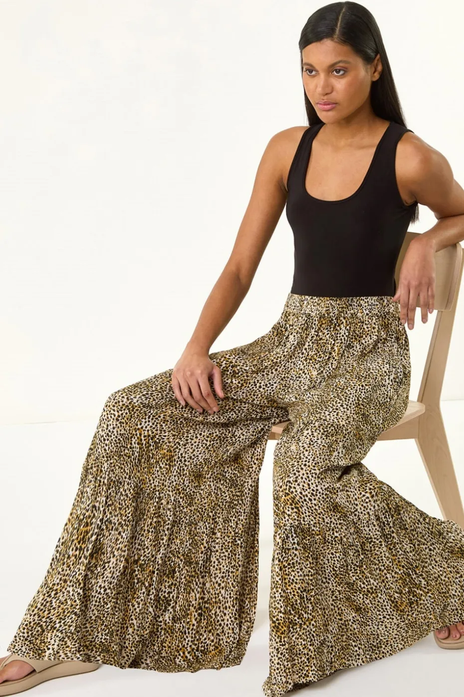 Roman Brown Animal Print Tiered Palazzo Trouser