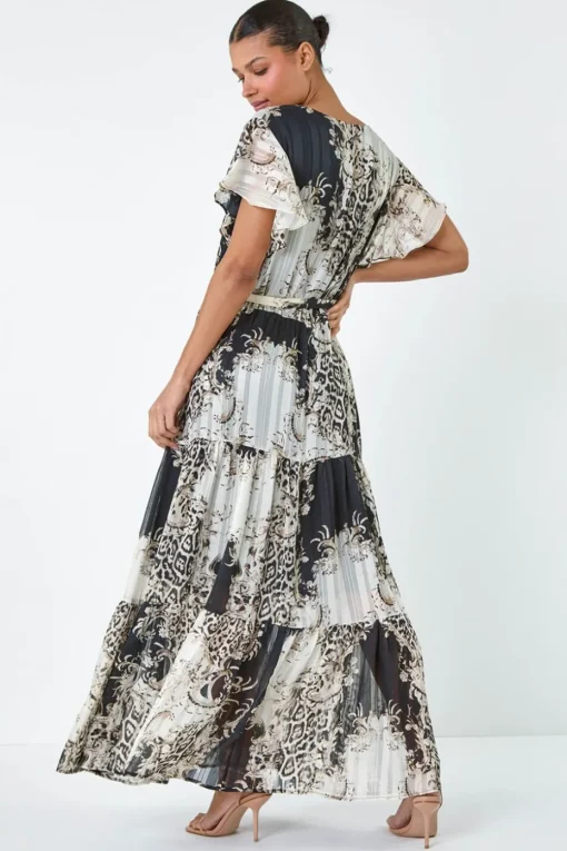 Roman Brown Animal Print Shimmer Tiered Maxi Dress
