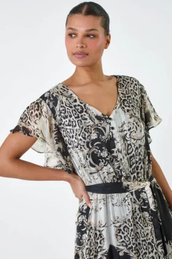 Roman Brown Animal Print Shimmer Tiered Maxi Dress