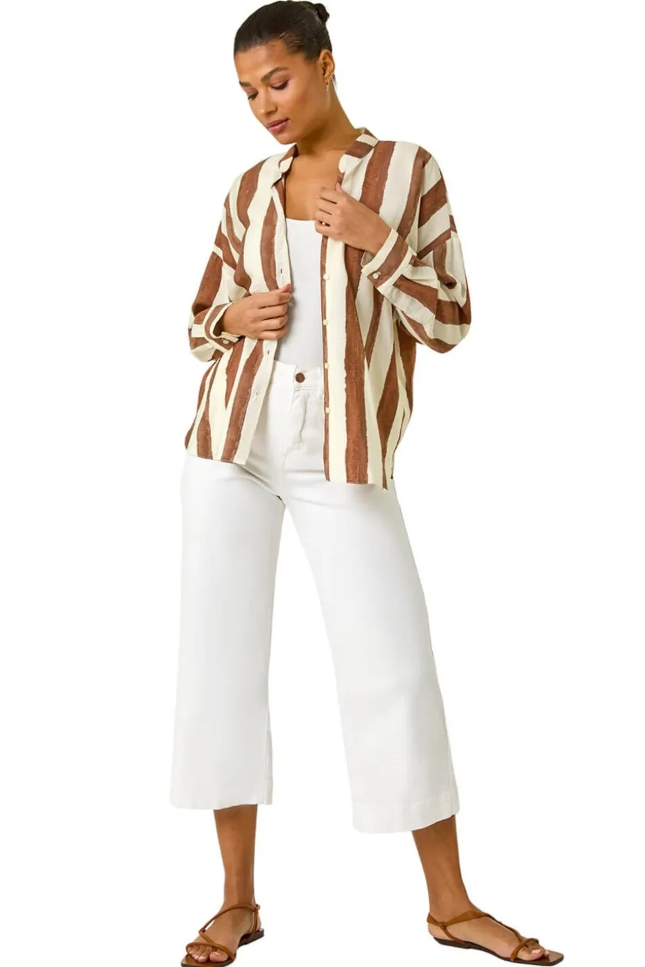 Roman Brown Stripe Print Relaxed Button Shirt