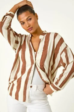 Roman Brown Stripe Print Relaxed Button Shirt