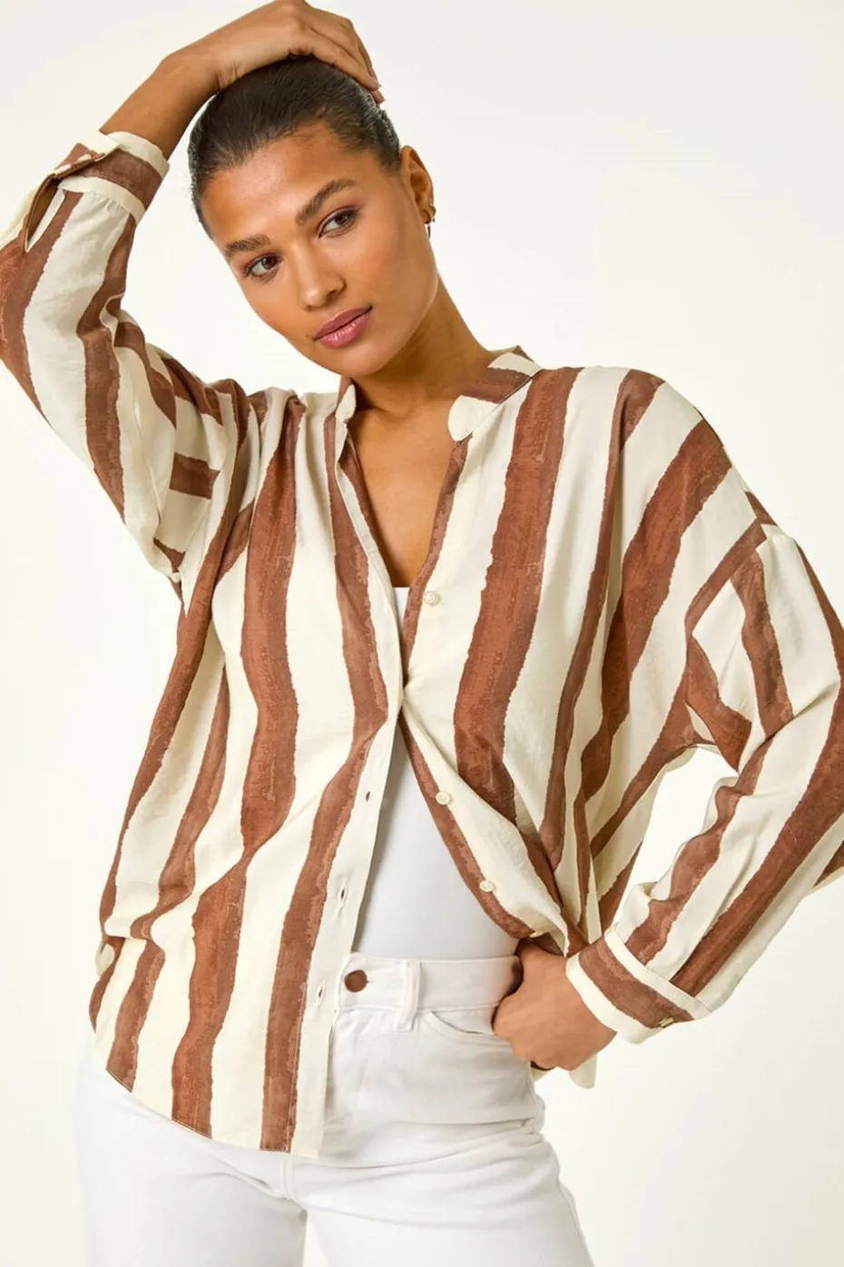 Roman Brown Stripe Print Relaxed Button Shirt