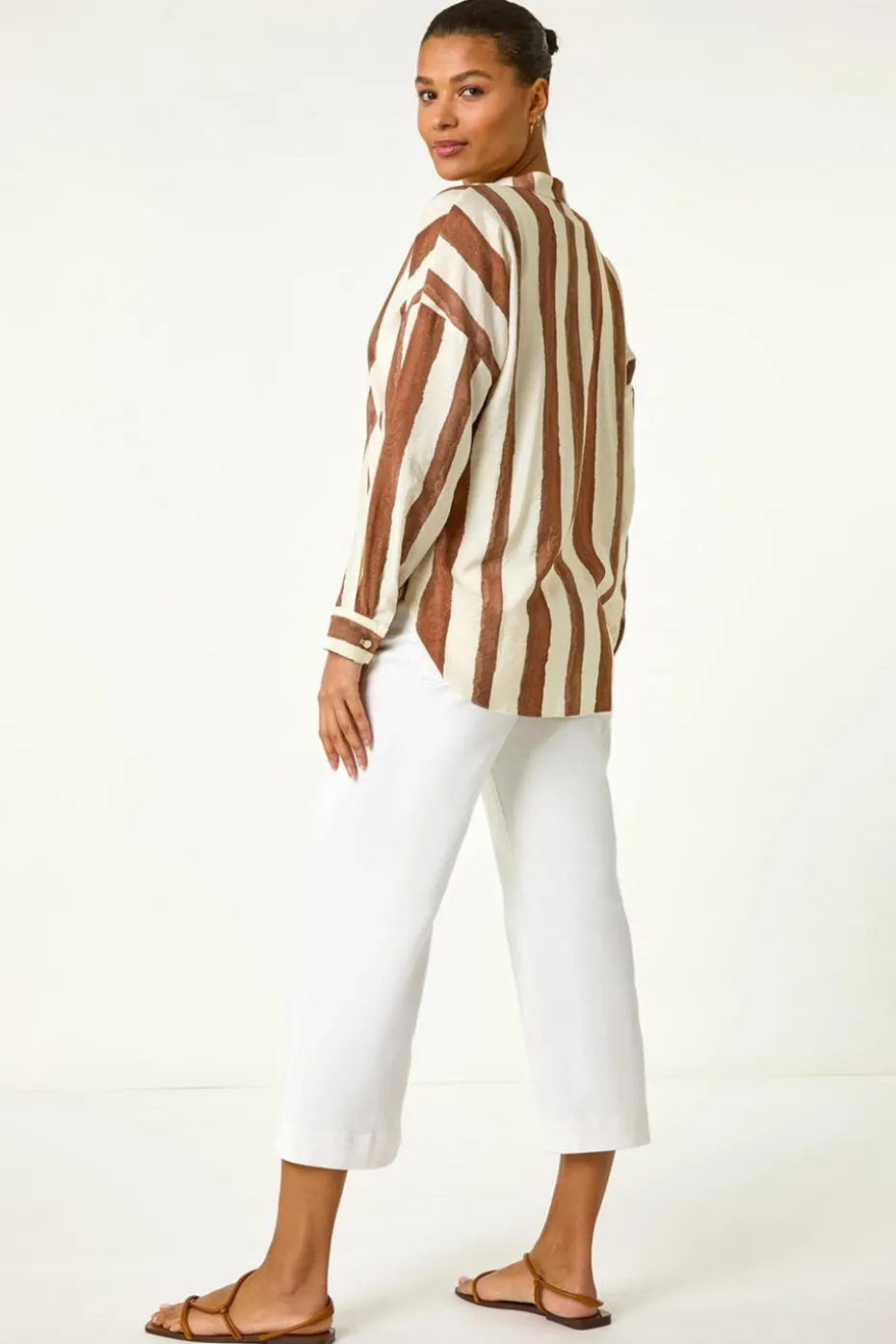 Roman Brown Stripe Print Relaxed Button Shirt