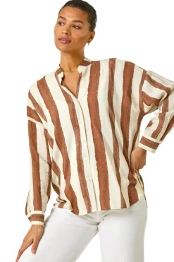 Roman Brown Stripe Print Relaxed Button Shirt