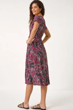 Roman Burgundy Abstract Leaf Print Shirred Midi Dress
