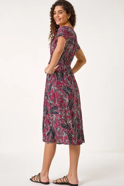 Roman Burgundy Abstract Leaf Print Shirred Midi Dress