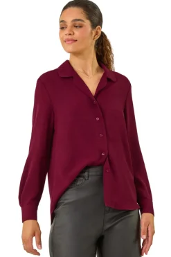 Roman Burgundy Plain V-Neck Collar Button Detail Blouse