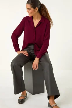 Roman Burgundy Plain V-Neck Collar Button Detail Blouse