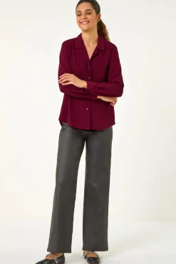 Roman Burgundy Plain V-Neck Collar Button Detail Blouse