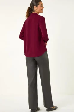 Roman Burgundy Plain V-Neck Collar Button Detail Blouse