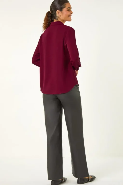 Roman Burgundy Plain V-Neck Collar Button Detail Blouse