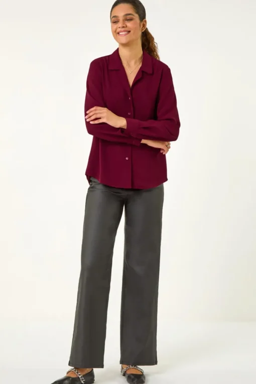Roman Burgundy Plain V-Neck Collar Button Detail Blouse