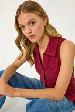 Roman Burgundy Wine Textured Sleeveless Buttoned Blouse