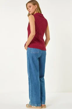 Roman Burgundy Wine Textured Sleeveless Buttoned Blouse