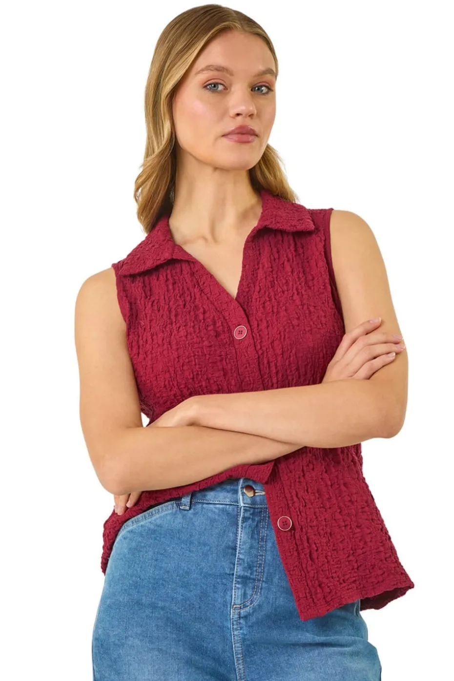 Roman Burgundy Wine Textured Sleeveless Buttoned Blouse