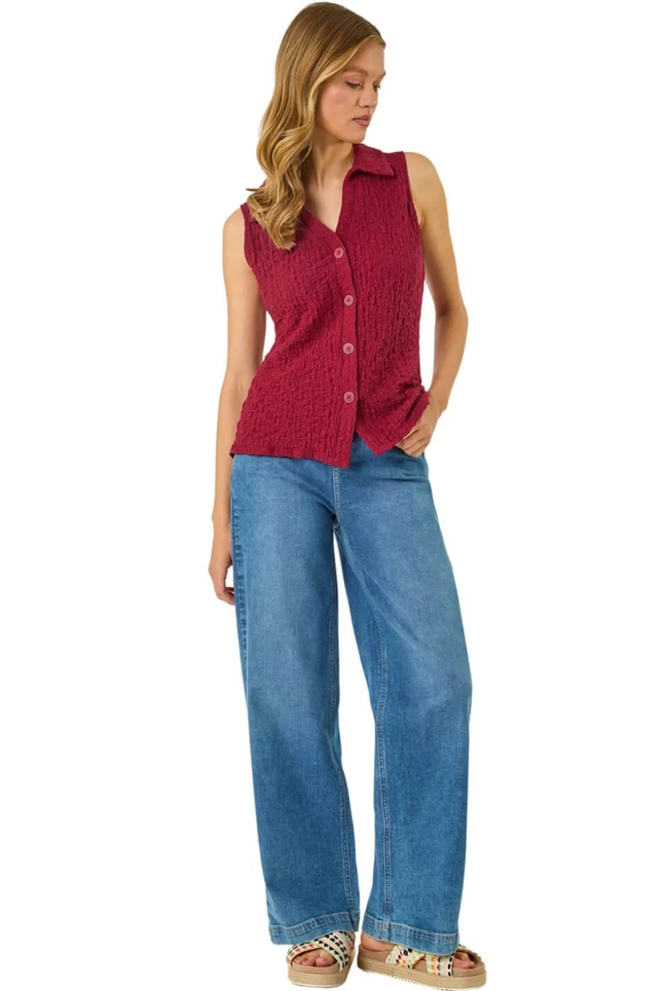 Roman Burgundy Wine Textured Sleeveless Buttoned Blouse