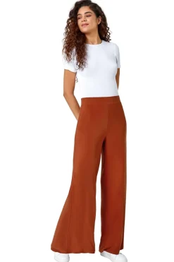 Roman Burnt Orange Elastic Waist Wide Leg Stretch Trousers