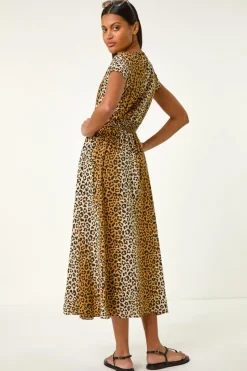 Roman Camel Animal Print Shirred Waist Maxi Dress