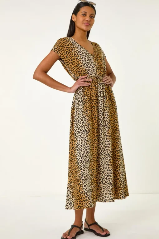 Roman Camel Animal Print Shirred Waist Maxi Dress