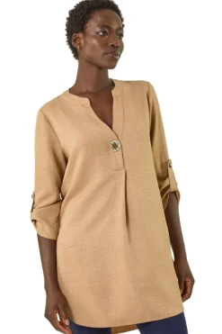 Roman Camel Horn Button Detail Longline Top