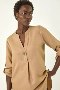 Roman Camel Horn Button Detail Longline Top