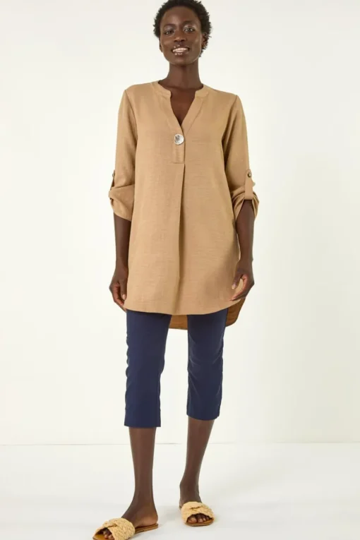 Roman Camel Horn Button Detail Longline Top
