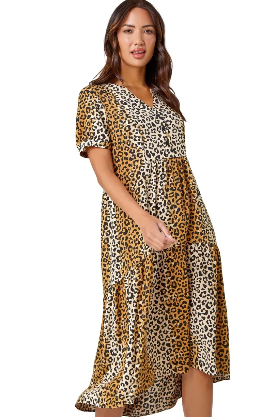 Roman Camel Leopard Print Tiered Midi Dress