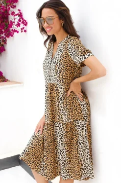 Roman Camel Leopard Print Tiered Midi Dress