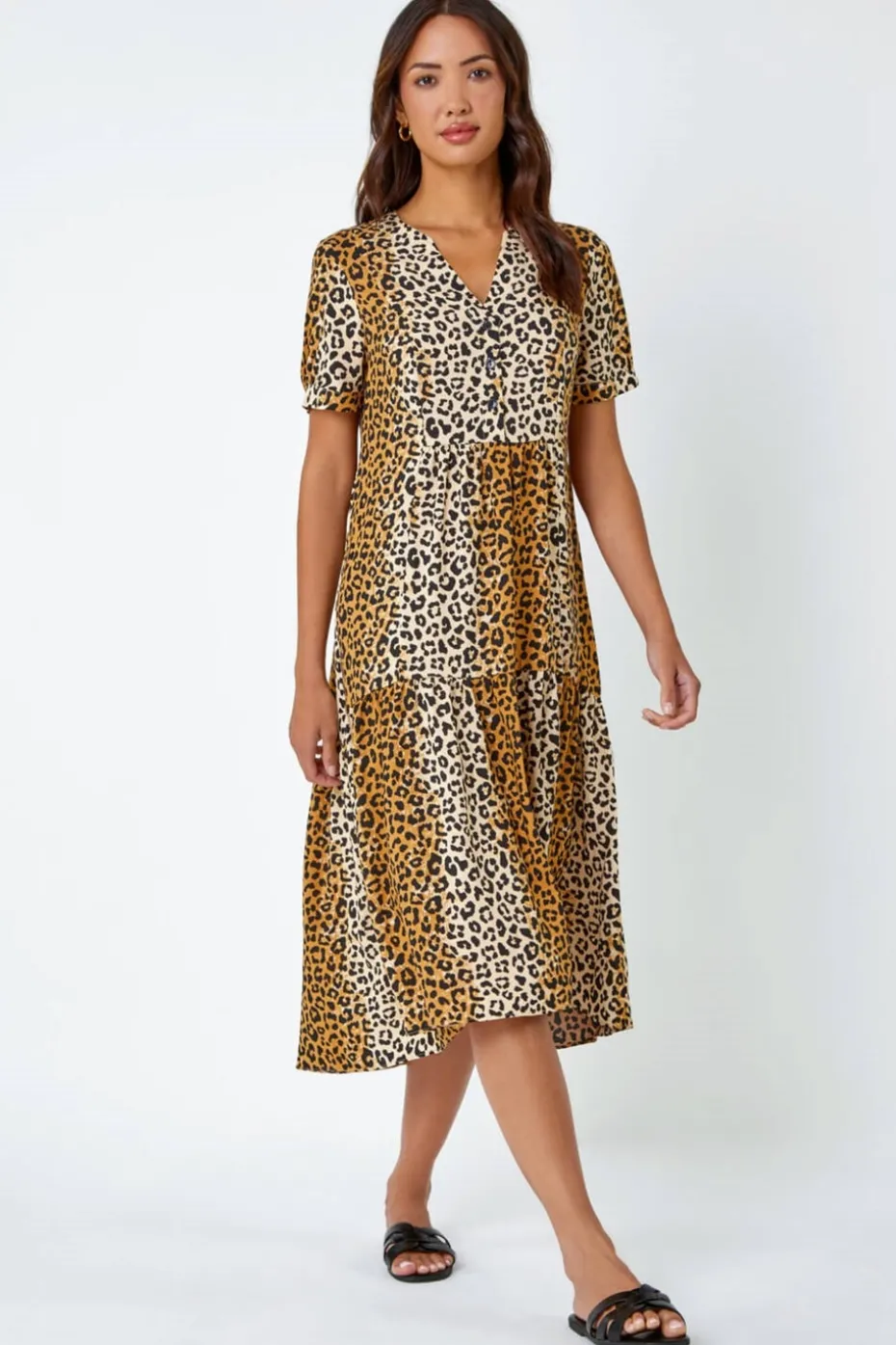 Roman Camel Leopard Print Tiered Midi Dress