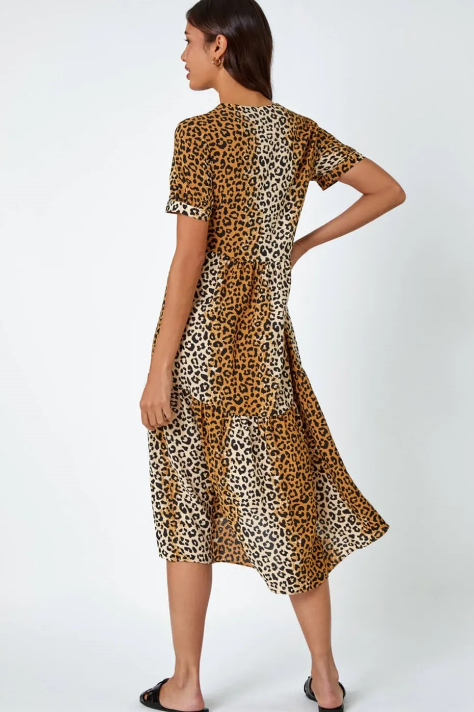 Roman Camel Leopard Print Tiered Midi Dress