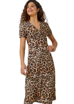 Roman Camel Leopard Print Twist Front Stretch Midi Dress