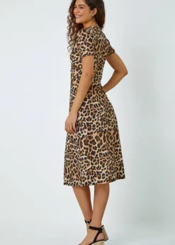 Roman Camel Leopard Print Twist Front Stretch Midi Dress