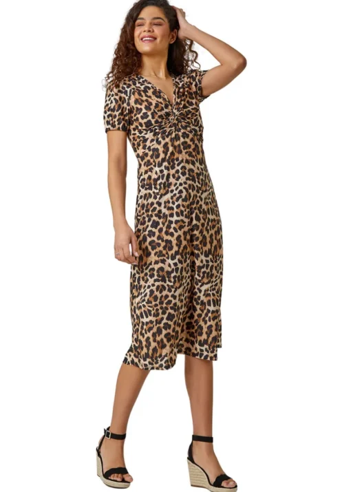 Roman Camel Leopard Print Twist Front Stretch Midi Dress