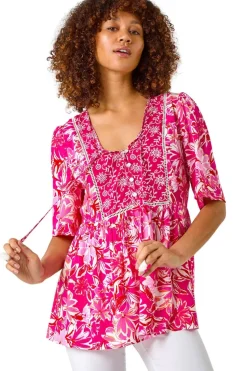 Roman Candy Pink Abstract Floral Print Tassel Top