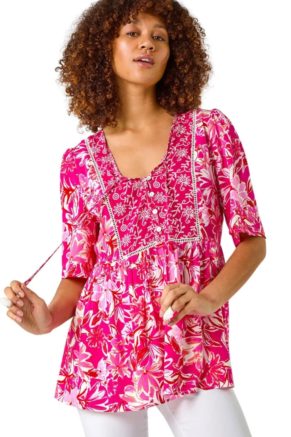 Roman Candy Pink Abstract Floral Print Tassel Top