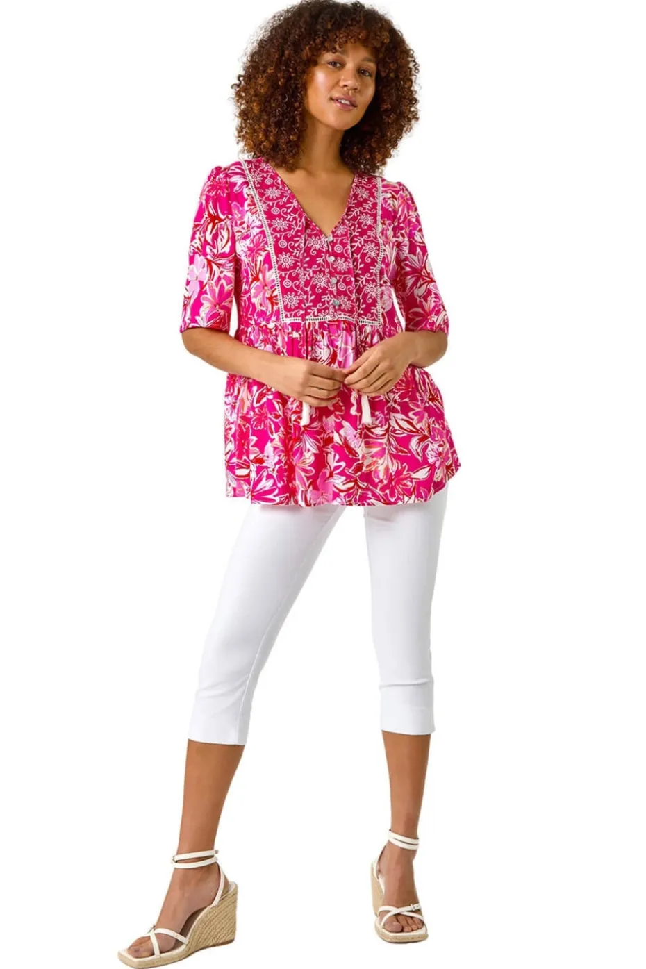 Roman Candy Pink Abstract Floral Print Tassel Top