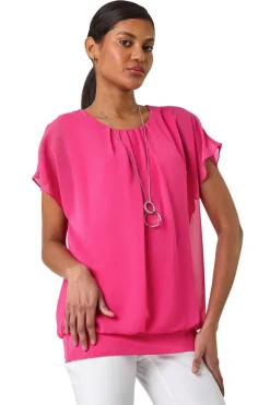Roman Candy Pink Chiffon Jersey Blouson Top With Necklace