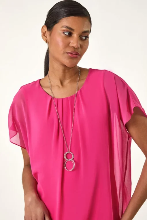 Roman Candy Pink Chiffon Jersey Blouson Top With Necklace