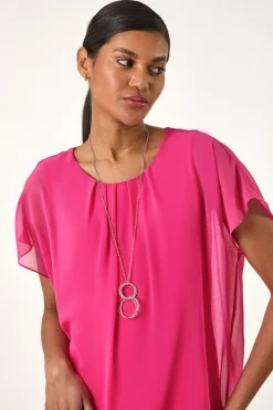 Roman Candy Pink Chiffon Jersey Blouson Top With Necklace