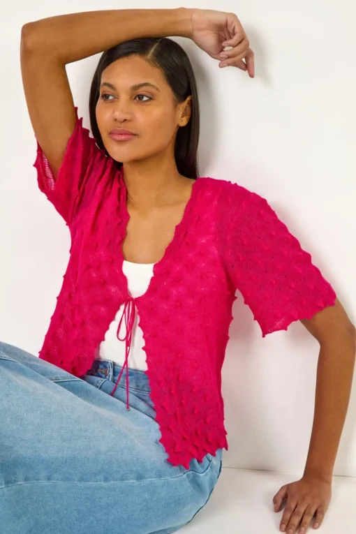 Roman Candy Pink Textured Tie Front Shrug