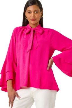 Roman Cerise Frilled Sleeve Tie Front Top