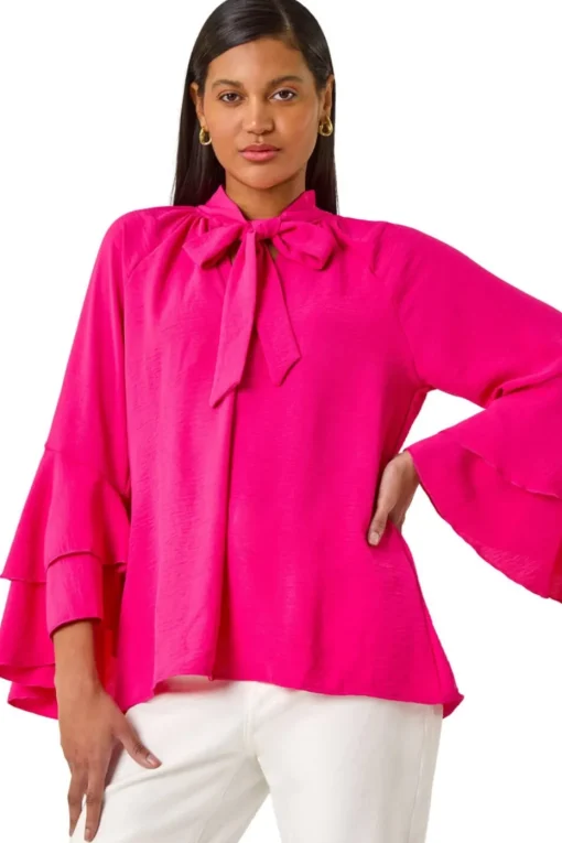 Roman Cerise Frilled Sleeve Tie Front Top