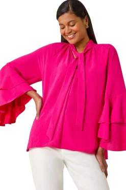 Roman Cerise Frilled Sleeve Tie Front Top