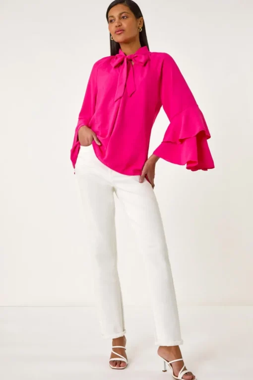 Roman Cerise Frilled Sleeve Tie Front Top