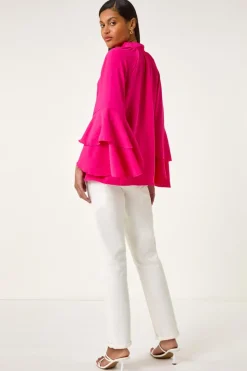 Roman Cerise Frilled Sleeve Tie Front Top